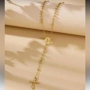 Stainless Steel Gold or Silver Rosary Lariat Necklace